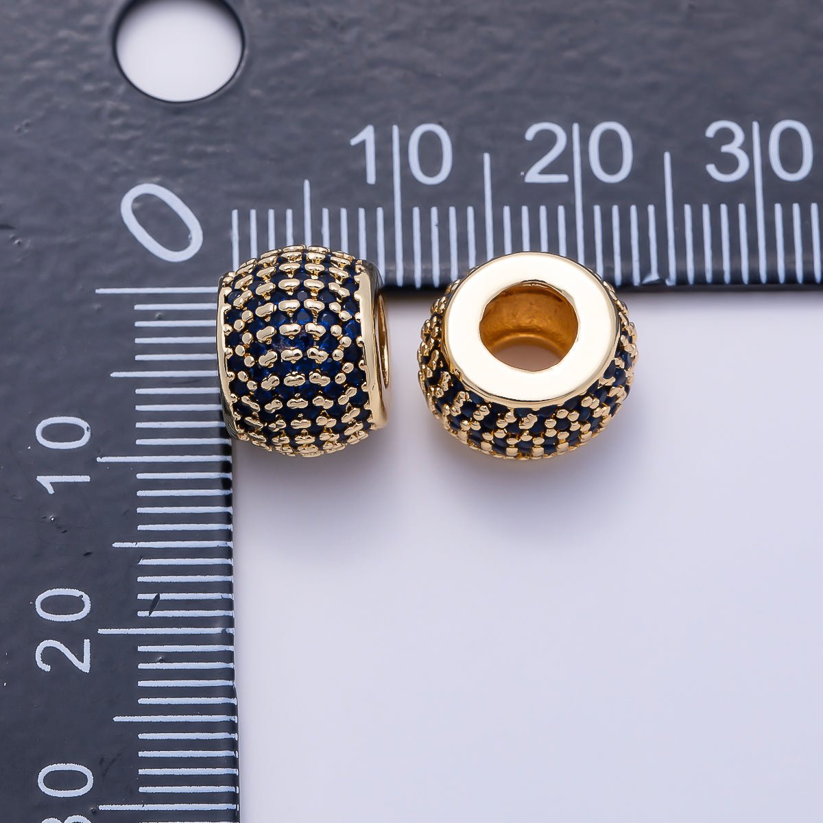 16K Gold Filled 11.5mm Black, Blue, Turquoise Micro Paved CZ Wide Large Hole Rondelle Bead in Gold & Silver | Beads-00521 ~ Beads-00526