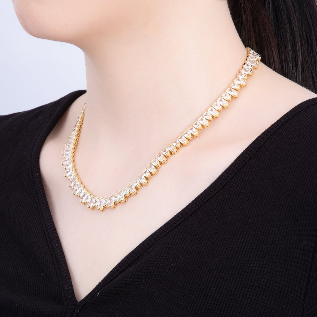 16K Gold Filled 9mm Clear CZ Gradient Baguette Tennis Chain 16 Inch Adjustable Necklace | WA-04238