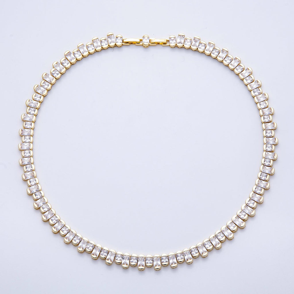 16K Gold Filled 9mm Clear CZ Gradient Baguette Tennis Chain 16 Inch Adjustable Necklace | WA-04238