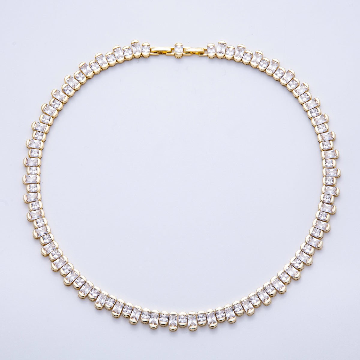 16K Gold Filled 9mm Clear CZ Gradient Baguette Tennis Chain 16 Inch Adjustable Necklace | WA-04238
