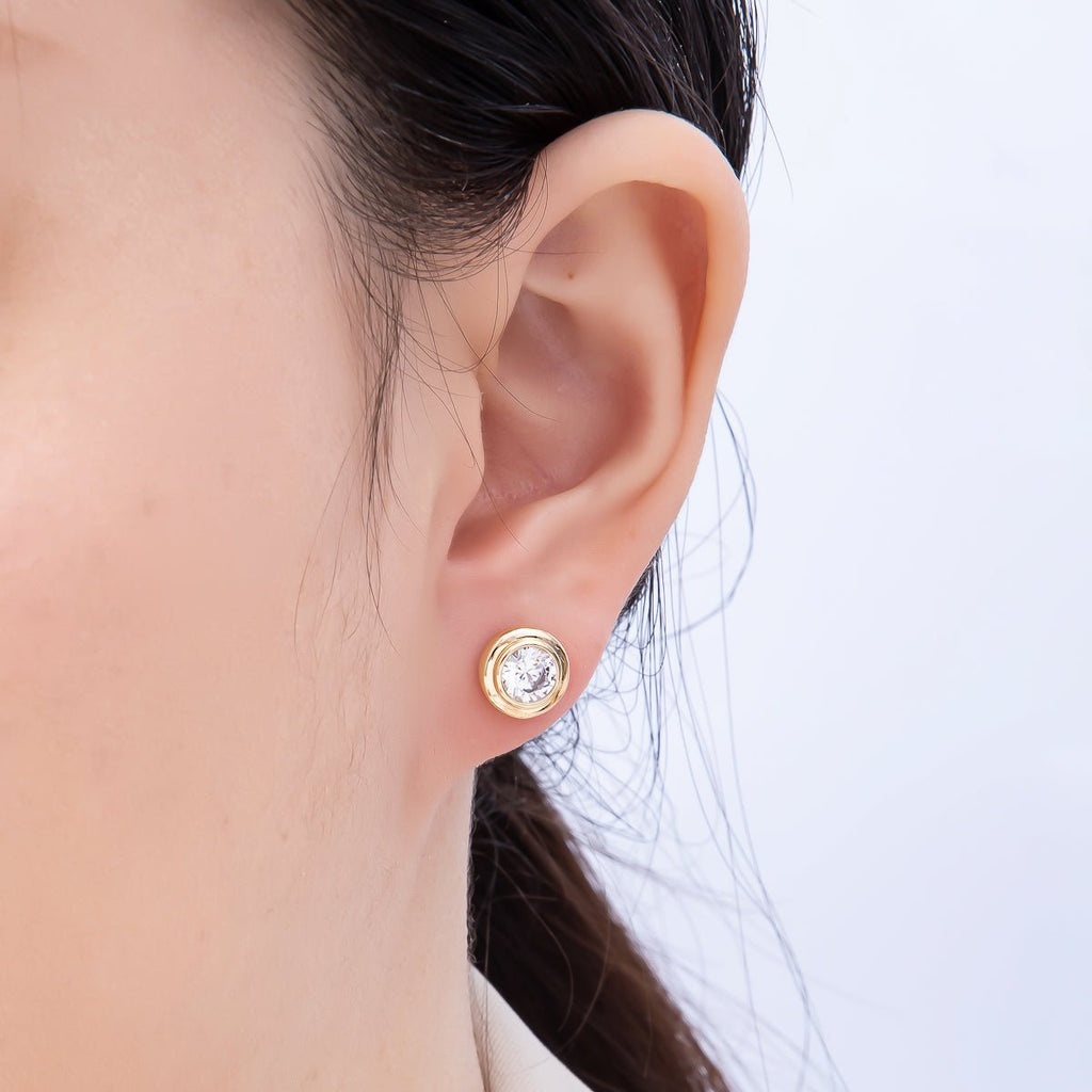 16K Gold Filled 9mm Clear CZ Round Bezel Stud Earrings in Gold & Silver | Earrings-00425 Earrings-00426
