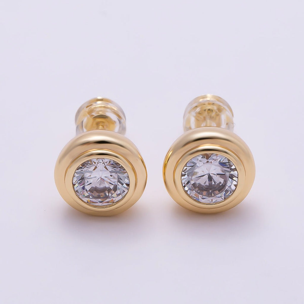 16K Gold Filled 9mm Clear CZ Round Bezel Stud Earrings in Gold & Silver | Earrings-00425 Earrings-00426