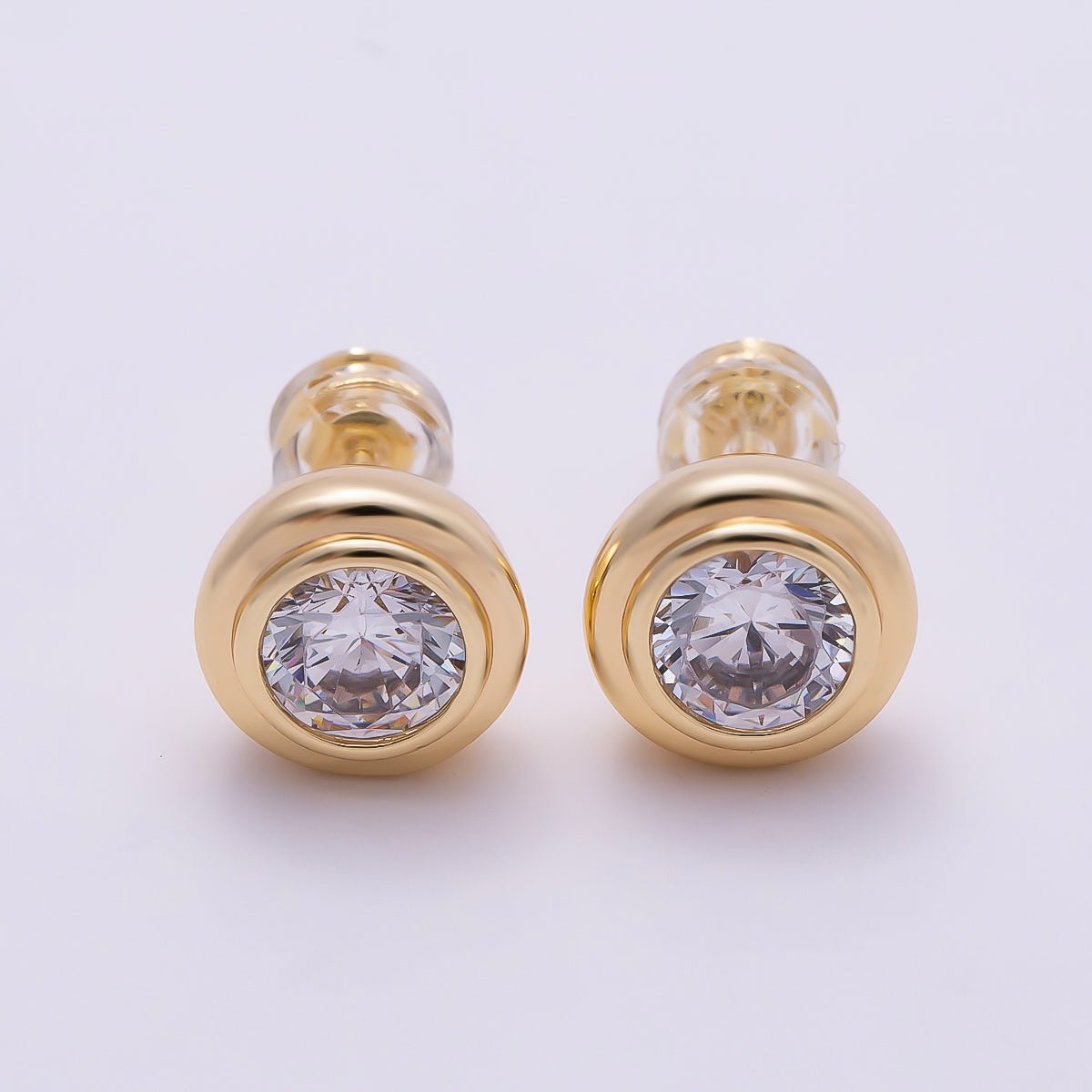 16K Gold Filled 9mm Clear CZ Round Bezel Stud Earrings in Gold & Silver | Earrings-00425 Earrings-00426
