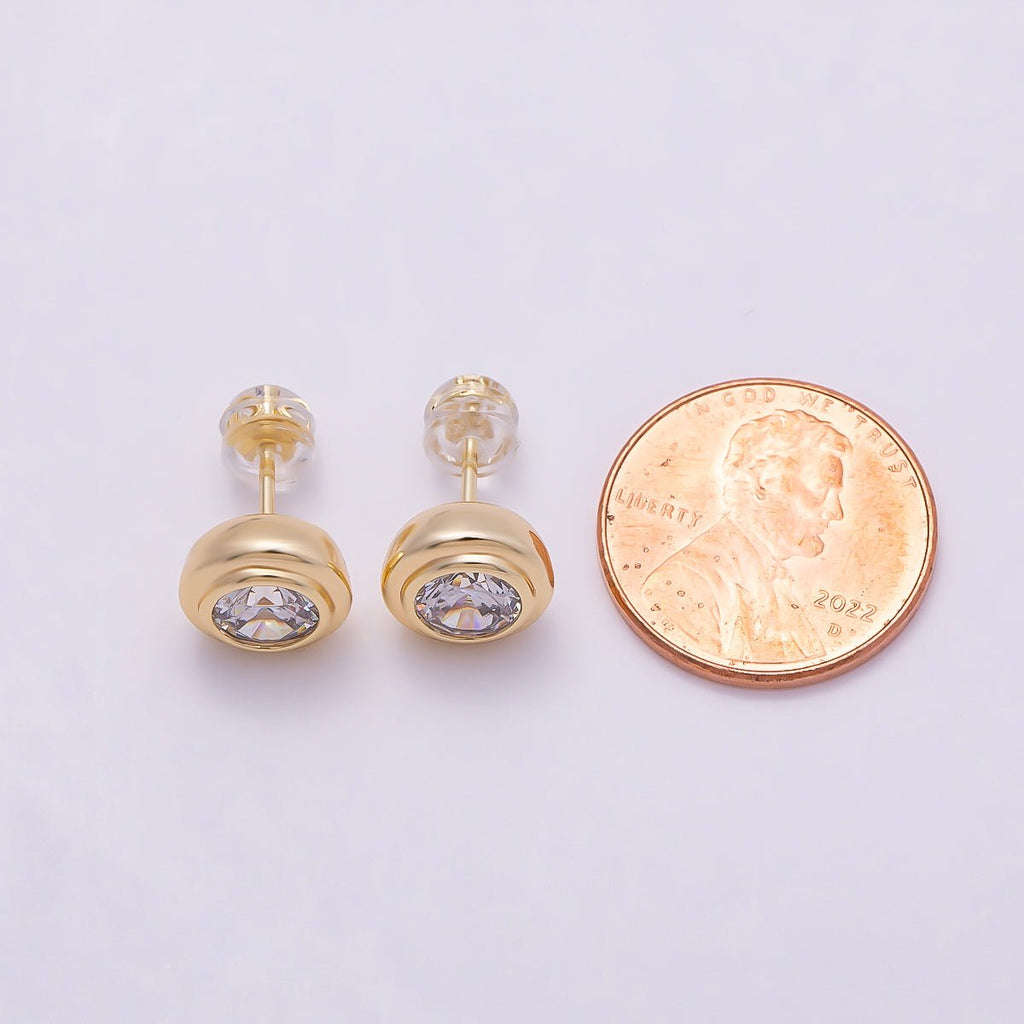 16K Gold Filled 9mm Clear CZ Round Bezel Stud Earrings in Gold & Silver | Earrings-00425 Earrings-00426