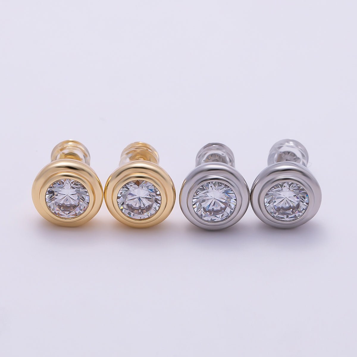 16K Gold Filled 9mm Clear CZ Round Bezel Stud Earrings in Gold & Silver | Earrings-00425 Earrings-00426