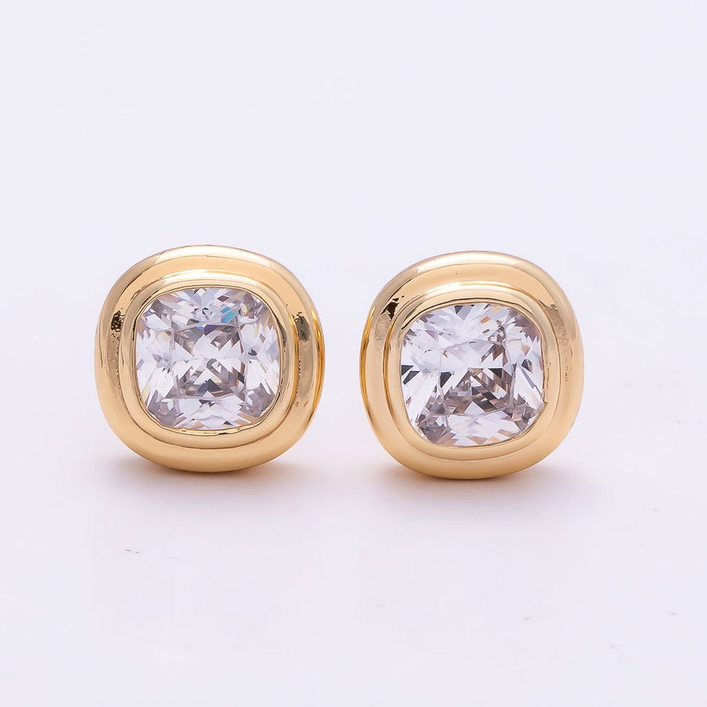16K Gold Filled 9mm Clear CZ Square Bezel Stud Earrings in Gold & Silver | Earrings-00421 Earrings-00422