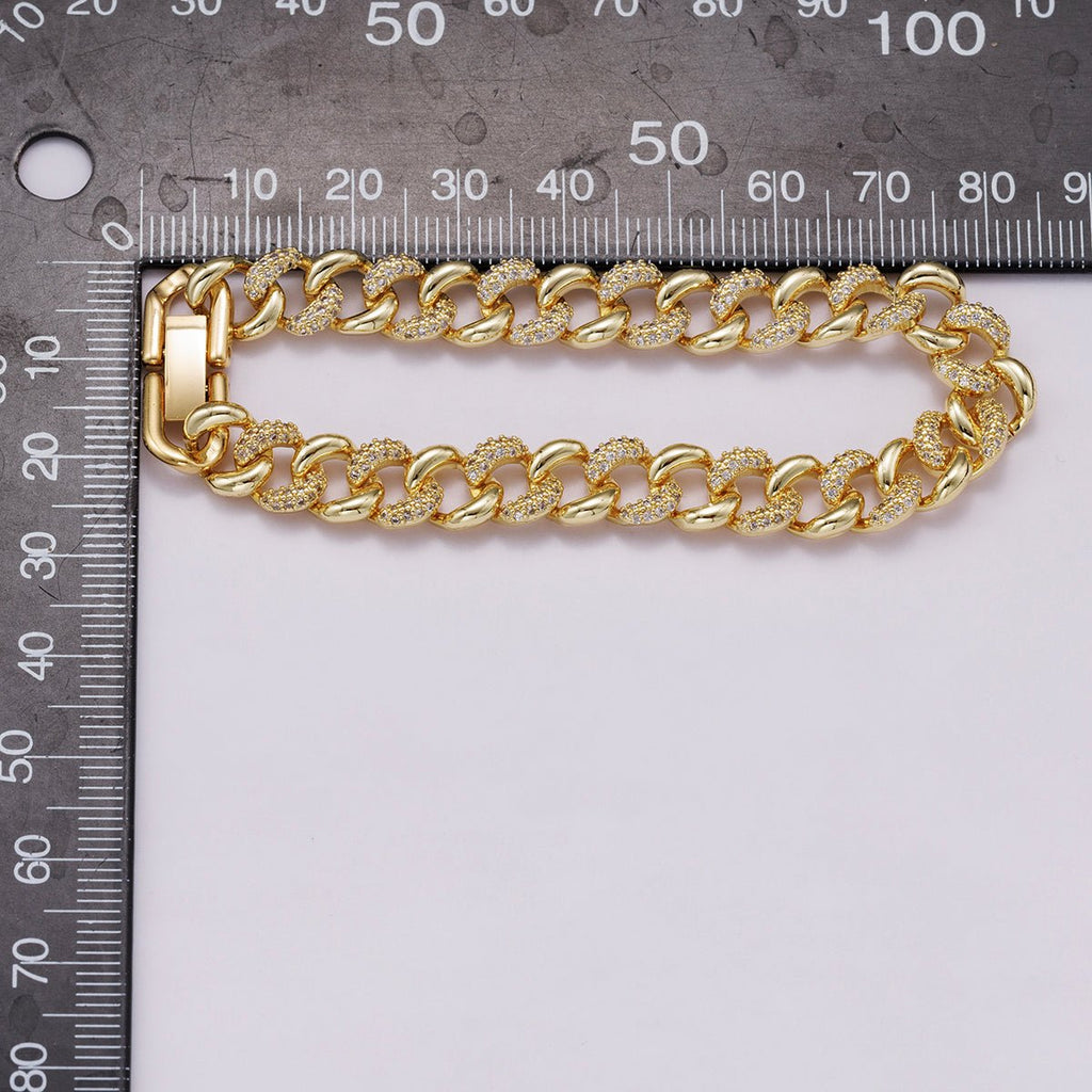 16K Gold Filled 9mm Micro Paved CZ Curb Chain 7 Inch Bracelet | WA-04332