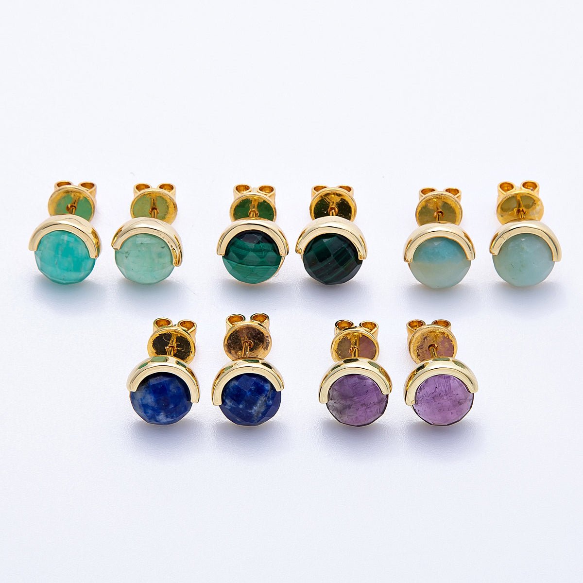 16K Gold Filled Aquamarine, Lapis Lazuli, Amethyst, Amazonite, Aventurine Natural Gemstone Round Molten Studs | Earrings-00211 ~ Earrings-00215