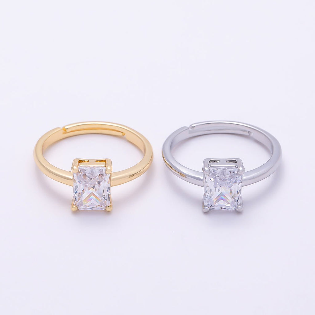16K Gold Filled Baguette CZ Solitaire Adjustable Ring in Gold & Silver | Rings-00118 Rings-00119