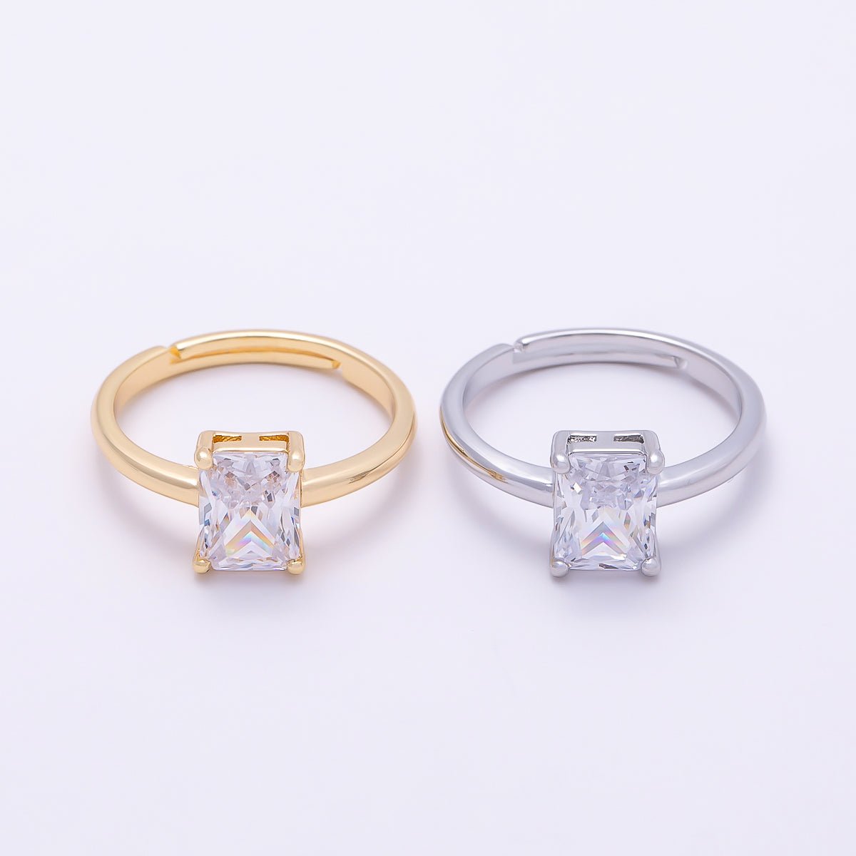 16K Gold Filled Baguette CZ Solitaire Adjustable Ring in Gold & Silver | Rings-00118 Rings-00119