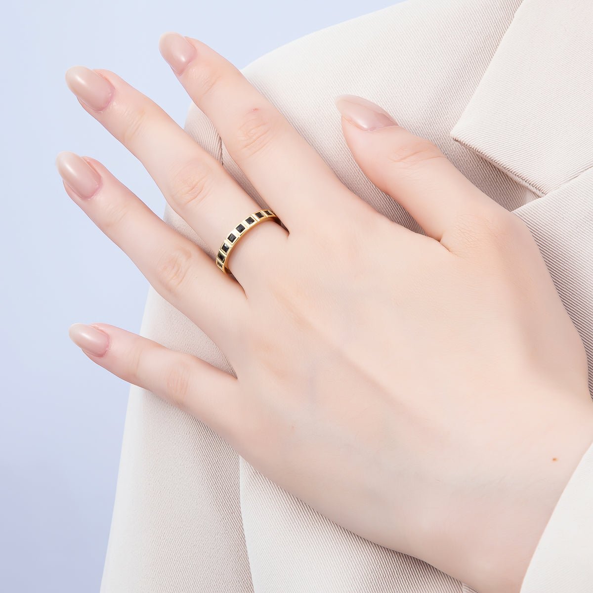 16K Gold Filled Black, Clear, Blue, Green, Fuchsia Baguette Lined Ring | Rings-00125 ~ Rings-00129