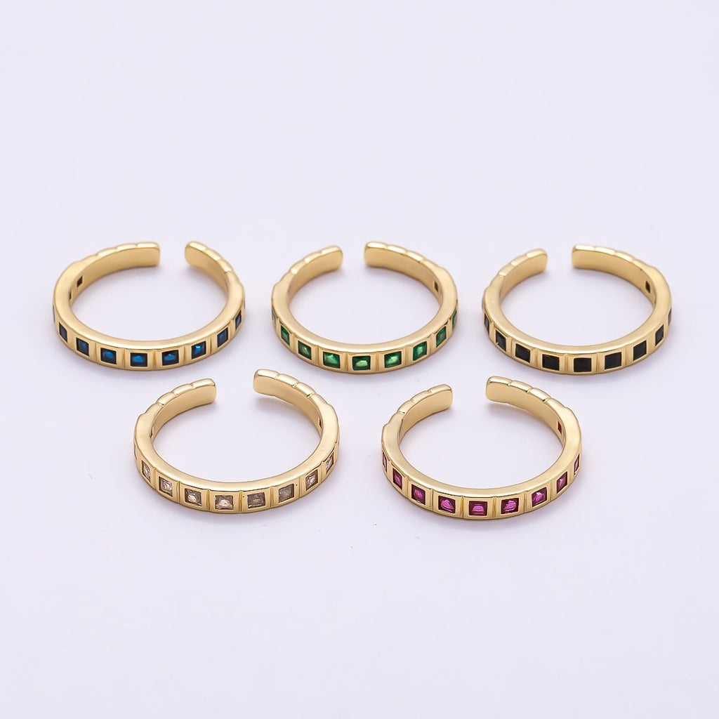 16K Gold Filled Black, Clear, Blue, Green, Fuchsia Baguette Lined Ring | Rings-00125 ~ Rings-00129