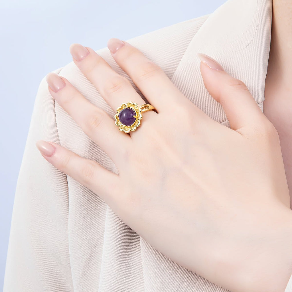 16K Gold Filled Citrine, Carnelian, Amethyst Cabochon Gemstone Flower Ring | RINGS-00088 ~ RINGS-00090