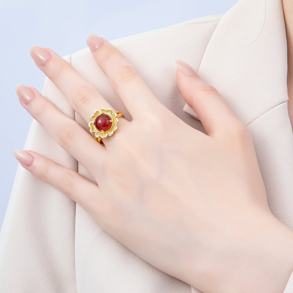 16K Gold Filled Citrine, Carnelian, Amethyst Cabochon Gemstone Flower Ring | RINGS-00088 ~ RINGS-00090