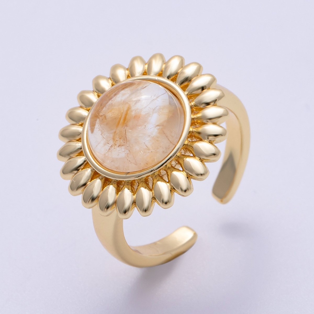 16K Gold Filled Citrine, Carnelian, Aquamarine, Amethyst Round Cabochon Gemstone Flower Ring | RINGS-00083 ~ RINGS-00086
