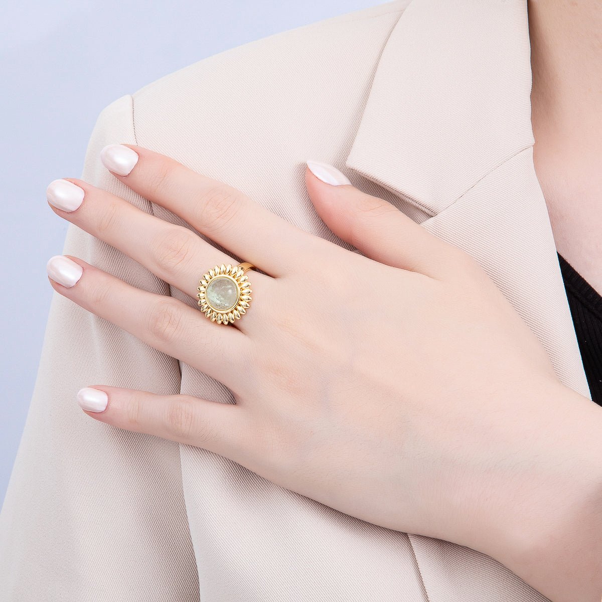 16K Gold Filled Citrine, Carnelian, Aquamarine, Amethyst Round Cabochon Gemstone Flower Ring | RINGS-00083 ~ RINGS-00086