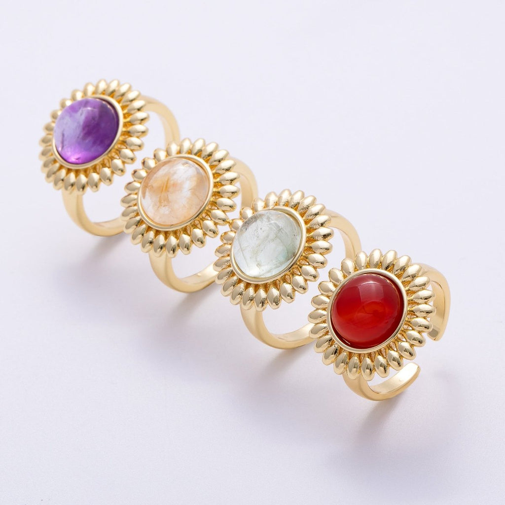 16K Gold Filled Citrine, Carnelian, Aquamarine, Amethyst Round Cabochon Gemstone Flower Ring | RINGS-00083 ~ RINGS-00086
