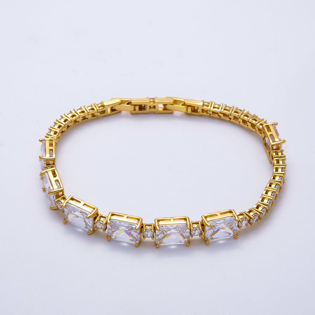 16K Gold Filled Clear Baguette Round CZ Tennis Chain 7 Inch Adjustable Bracelet | WA-04335