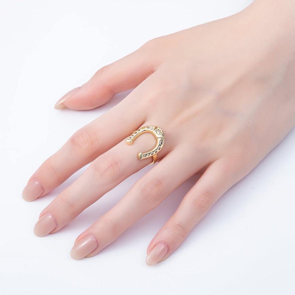 16K Gold Filled Clear CZ Dotted Celestial Sun Horse Shoe Adjustable Ring | Rings-00073