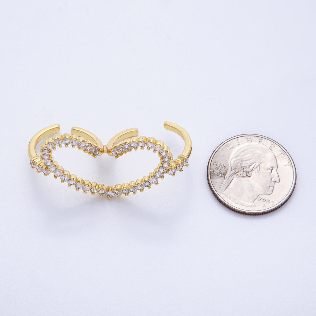 16K Gold Filled Clear CZ Heart Double Band Adjustable Ring | Rings-00058