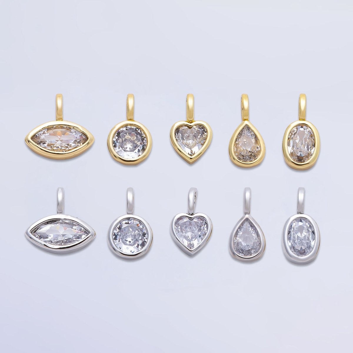 16K Gold Filled Clear CZ Marquise, Heart, Round, Oval, Teardrop Bezel Solitaire Pendant in Gold & Silver | Charms-00834 ~ Charms-00843