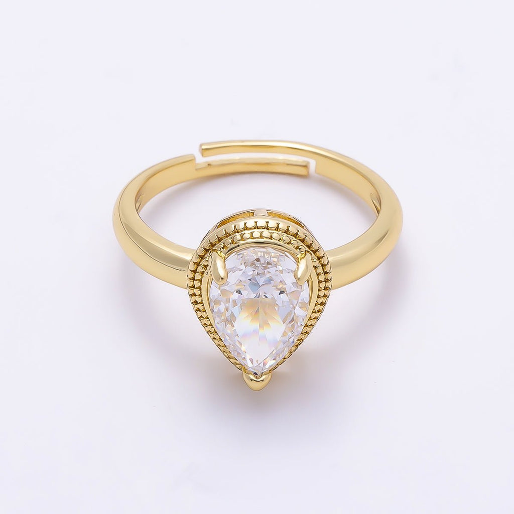 16K Gold Filled Clear CZ Teardrop Bezel Solitaire Ring | Rings-00283