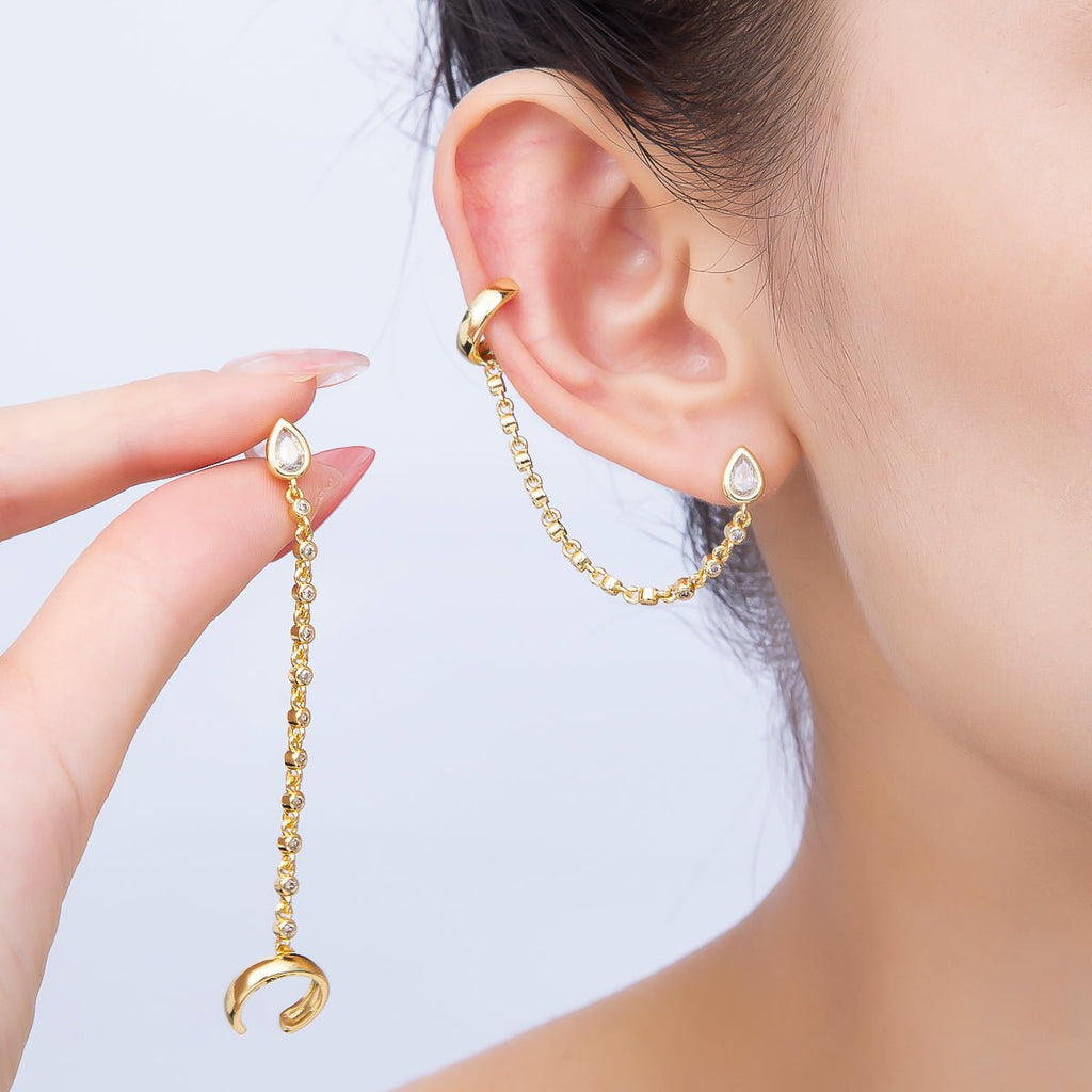 16K Gold Filled Clear CZ Teardrop Round Bezel Stud Chain Drop Ear Cuff | Earrings-00682