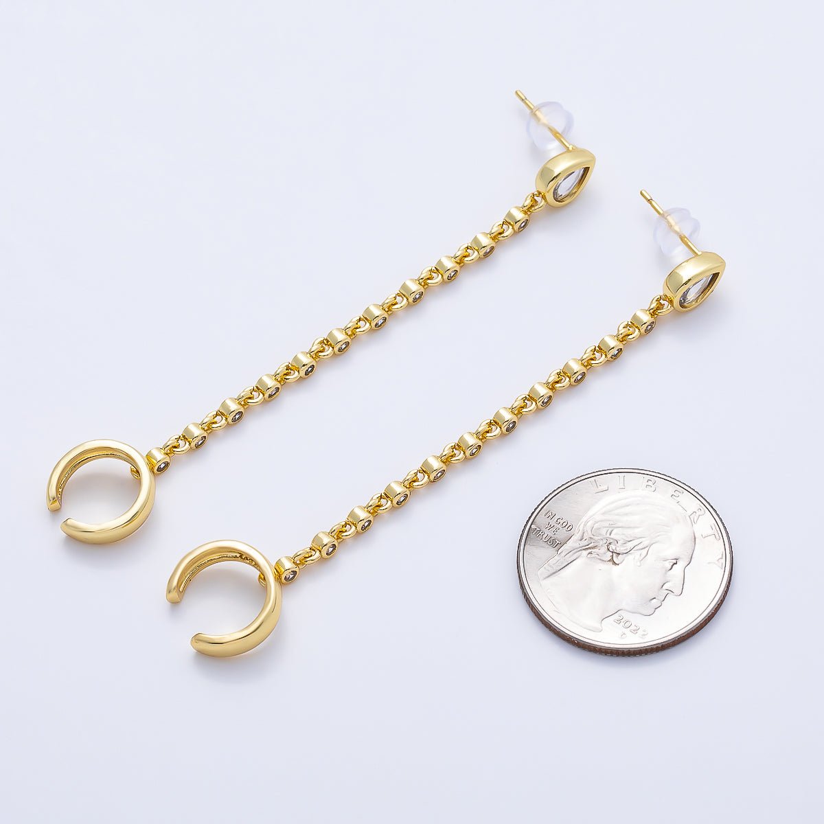 16K Gold Filled Clear CZ Teardrop Round Bezel Stud Chain Drop Ear Cuff | Earrings-00682