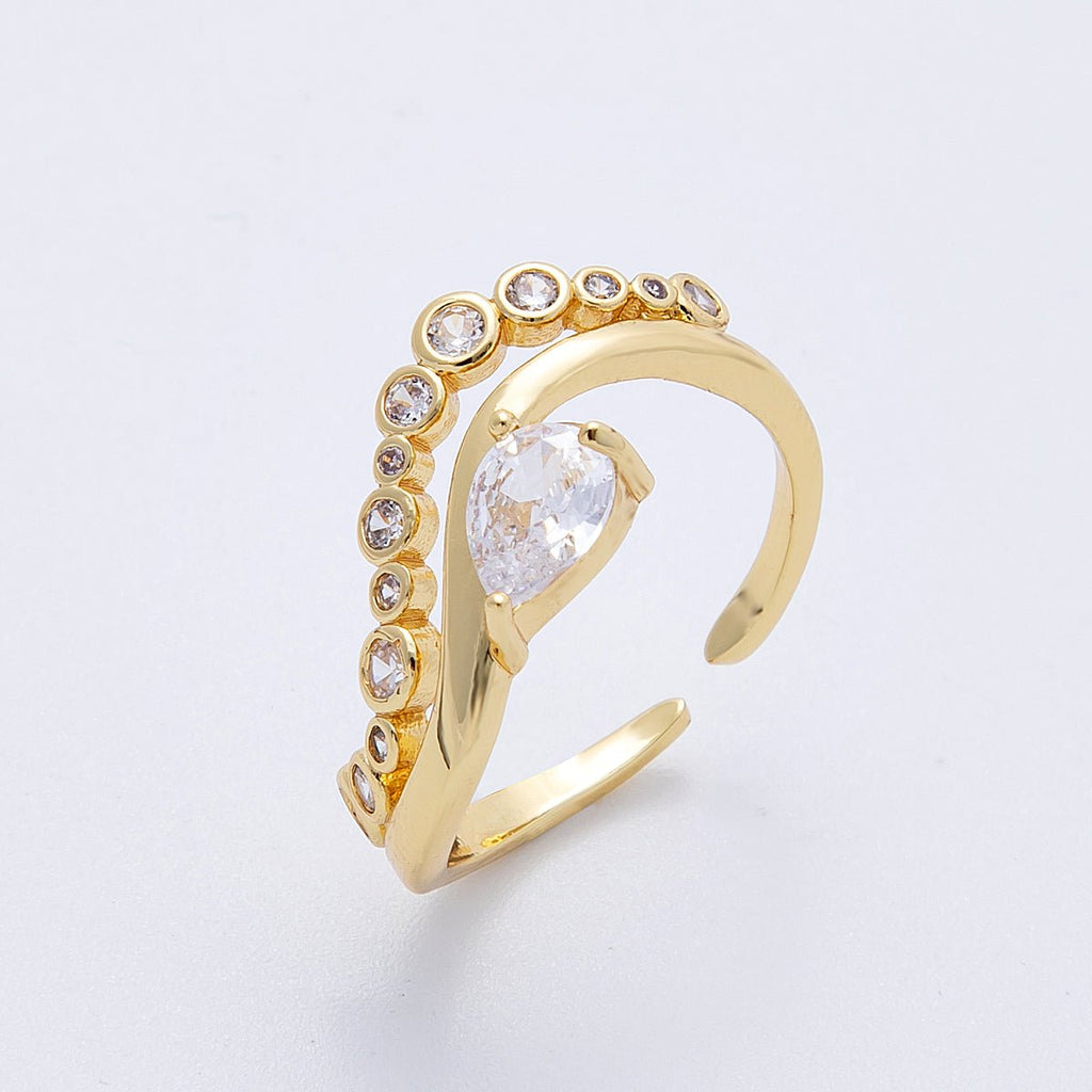 16K Gold Filled Clear CZ Teardrop Round Gradient Curved Ring in Gold & Silver | Rings-00005  Rings-00006