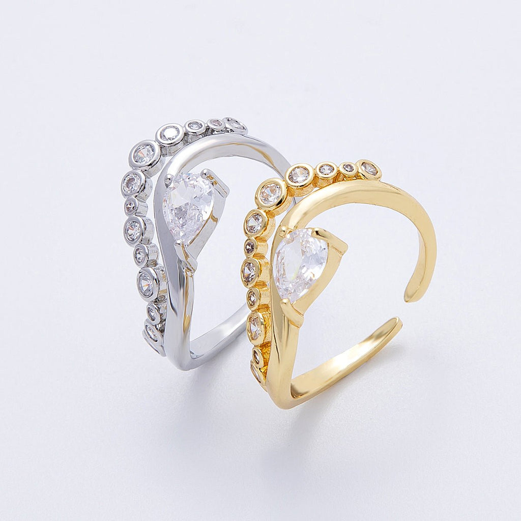 16K Gold Filled Clear CZ Teardrop Round Gradient Curved Ring in Gold & Silver | Rings-00005  Rings-00006