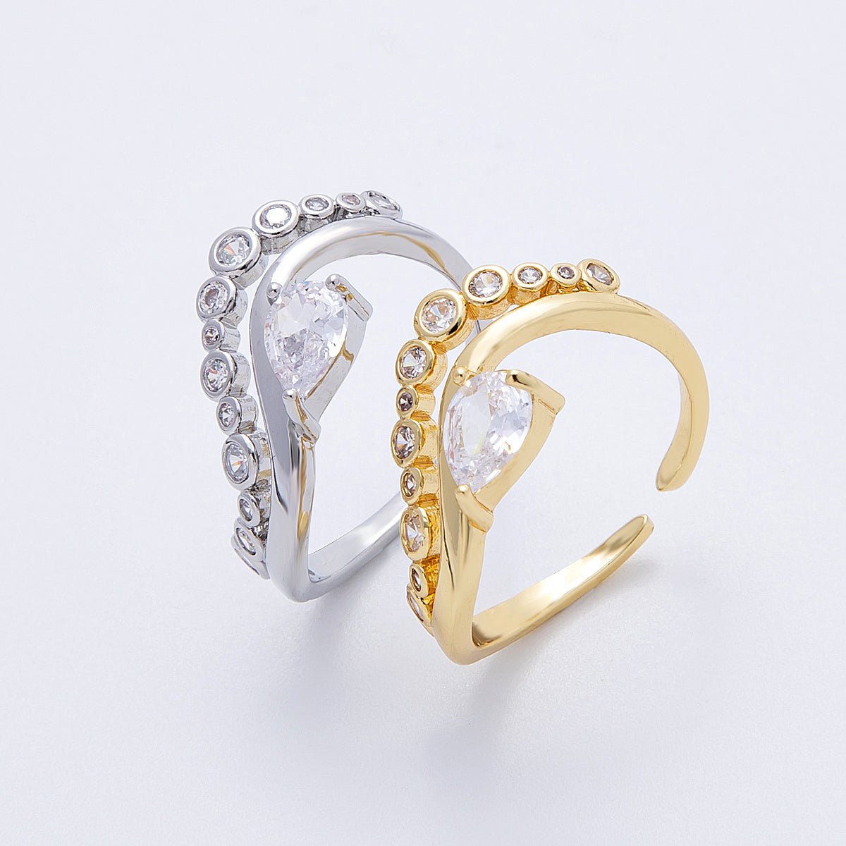 16K Gold Filled Clear CZ Teardrop Round Gradient Curved Ring in Gold & Silver | Rings-00005  Rings-00006