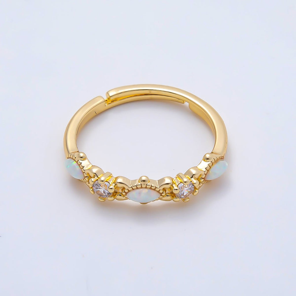 16K Gold Filled Clear CZ White Opal Gemstone Adjustable Ring | Rings-00141