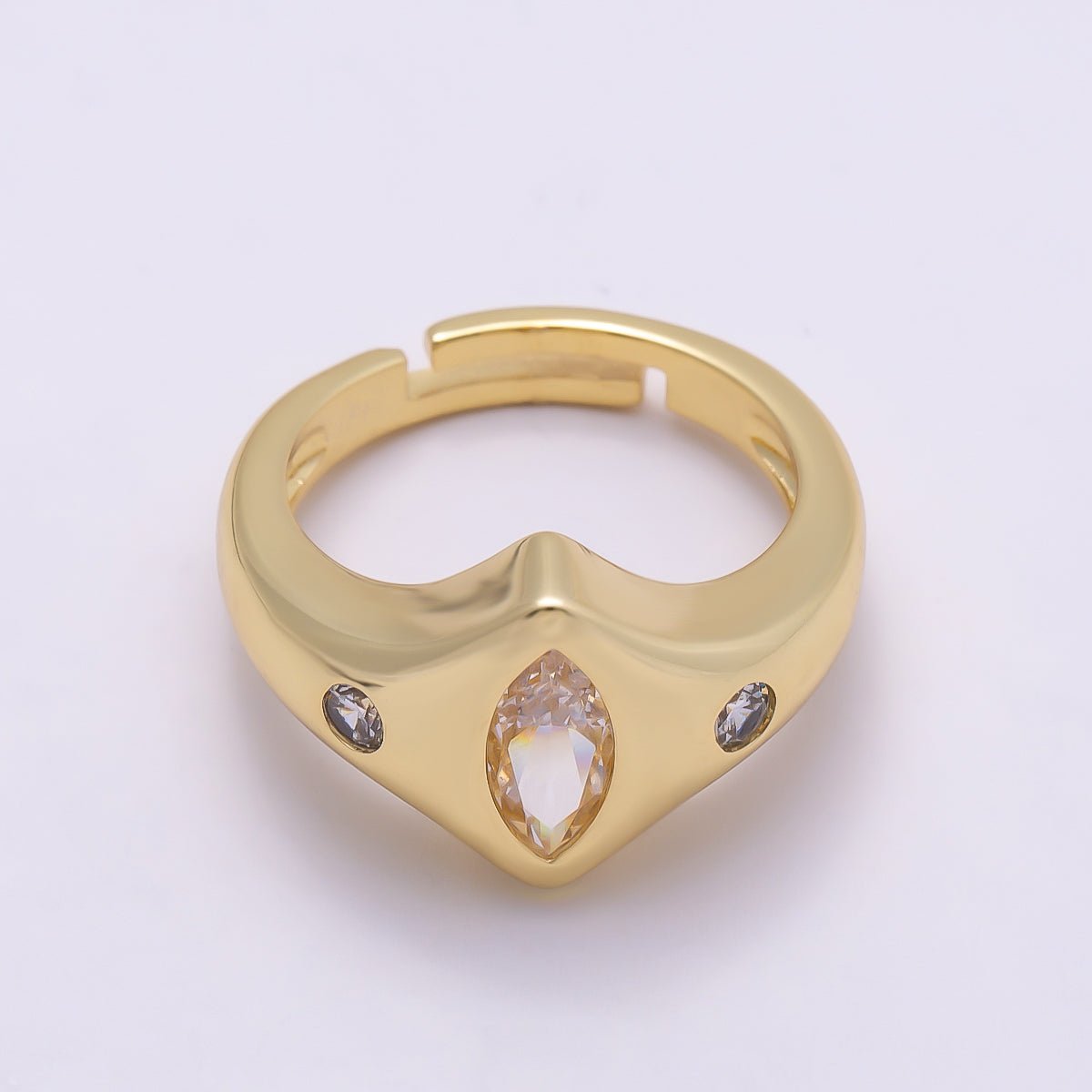 16K Gold Filled Clear Marquise CZ Dotted Chevron Signet Adjustable Ring | Rings-00122