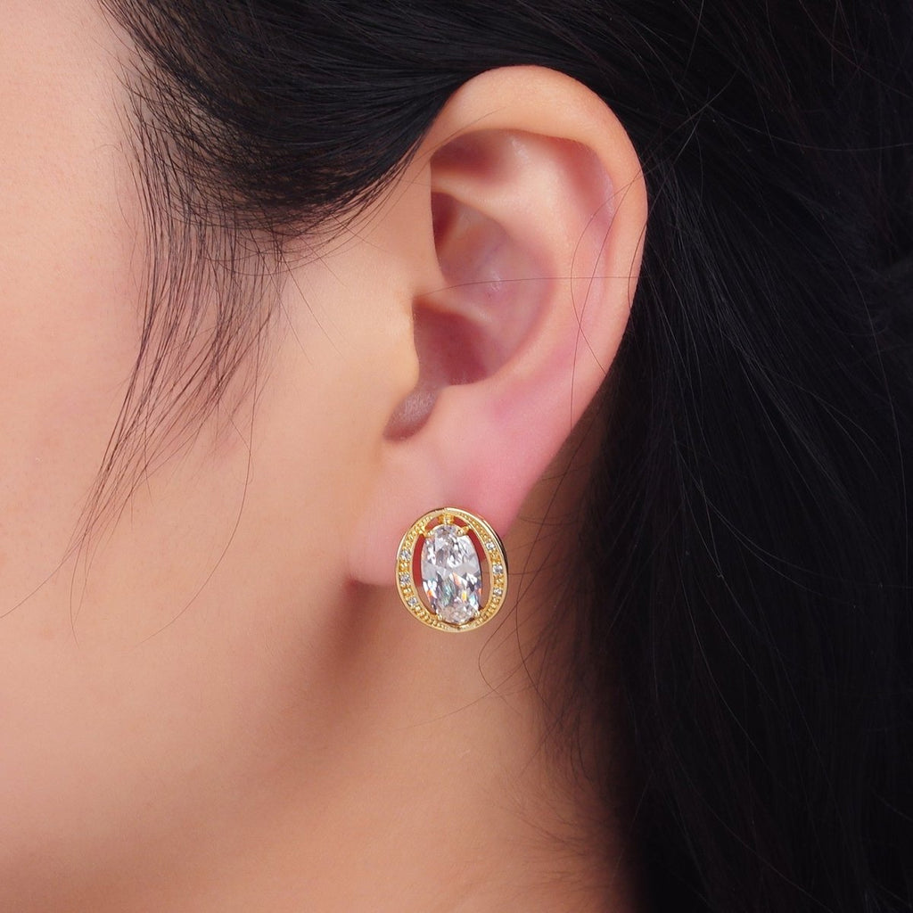 16K Gold Filled Clear CZ Micro Paved Open Oval Stud Earrings | Earrings-00568