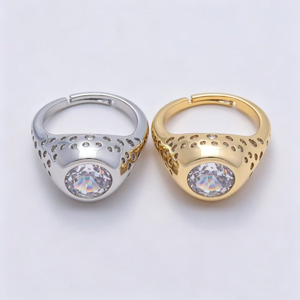 16K Gold Filled Clear Oval CZ Dotted Signet Ring in Gold & Silver | Rings-00124 Rings-00170