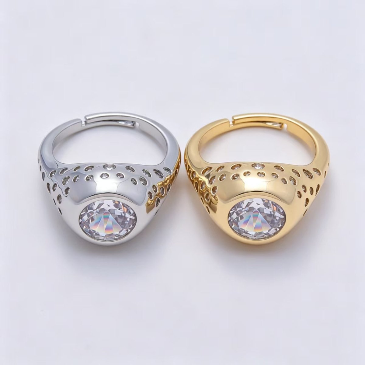 16K Gold Filled Clear Oval CZ Dotted Signet Ring in Gold & Silver | Rings-00124 Rings-00170