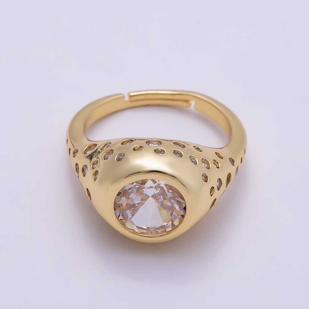 16K Gold Filled Clear Oval CZ Dotted Signet Ring in Gold & Silver | Rings-00124 Rings-00170