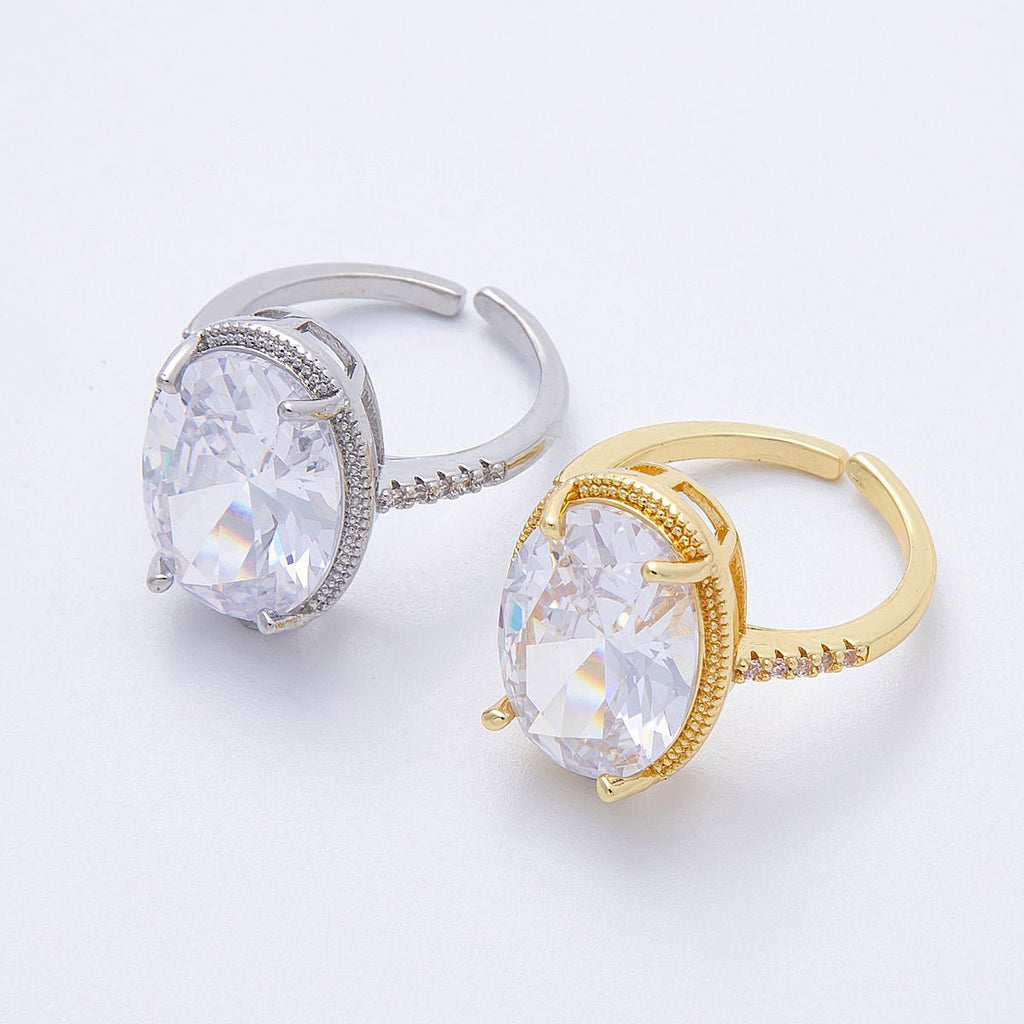 16K Gold Filled Clear Oval CZ Micro Paved Solitaire Ring in Gold & Silver | Rings-00007 Rings-00008