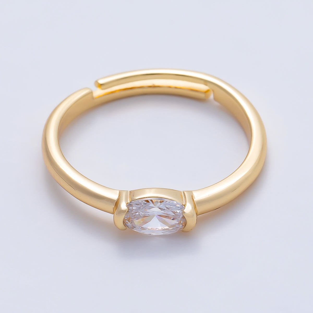 16K Gold Filled Clear Oval CZ Solitaire Adjustable Ring in Gold & Silver | Rings-00167 Rings-00168