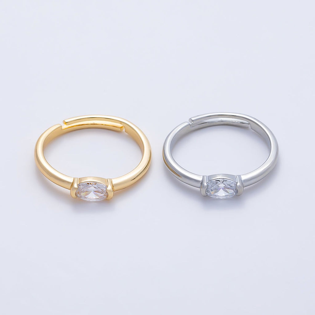 16K Gold Filled Clear Oval CZ Solitaire Adjustable Ring in Gold & Silver | Rings-00167 Rings-00168