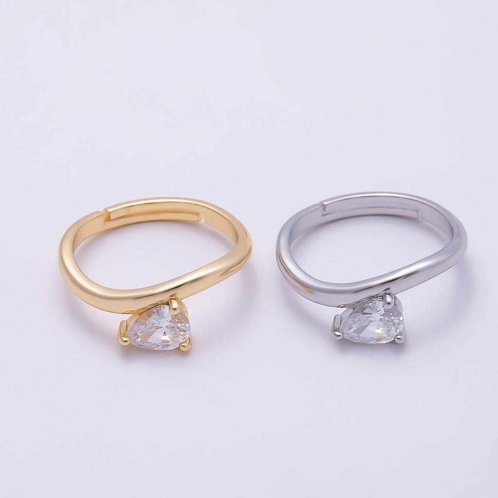 16K Gold Filled Clear Teardrop CZ Solitaire Curved Ring in Gold & Silver | Rings-00130 Rings-00131