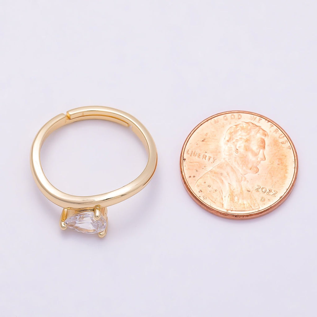 16K Gold Filled Clear Teardrop CZ Solitaire Curved Ring in Gold & Silver | Rings-00130 Rings-00131