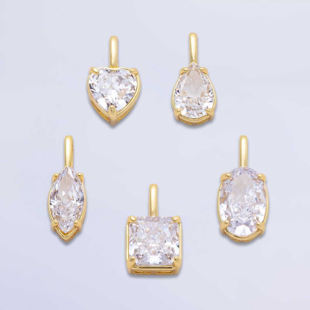 16K Gold Filled Clear Teardrop, Oval, Heart, Marquise, Square CZ Prongs Solitaire Pendant | Charms-00821 ~ Charms-00825