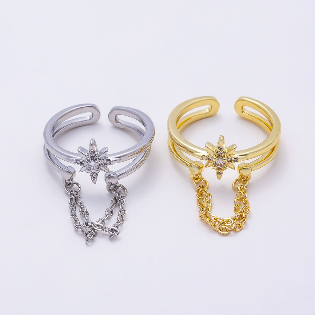 16K Gold Filled CZ Celestial North Star Cable Chain Drop Double Band Ring in Gold & Silver | Rings-00304 Rings-00305