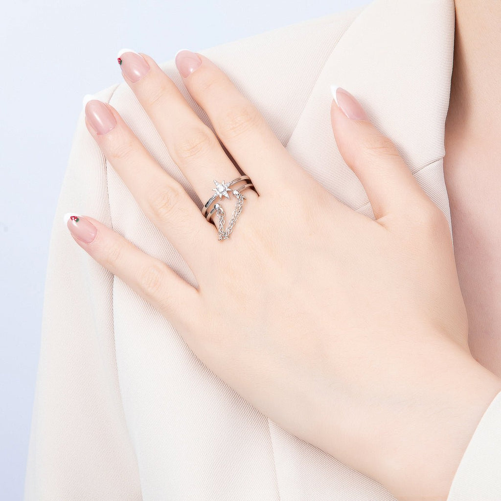 16K Gold Filled CZ Celestial North Star Cable Chain Drop Double Band Ring in Gold & Silver | Rings-00304 Rings-00305