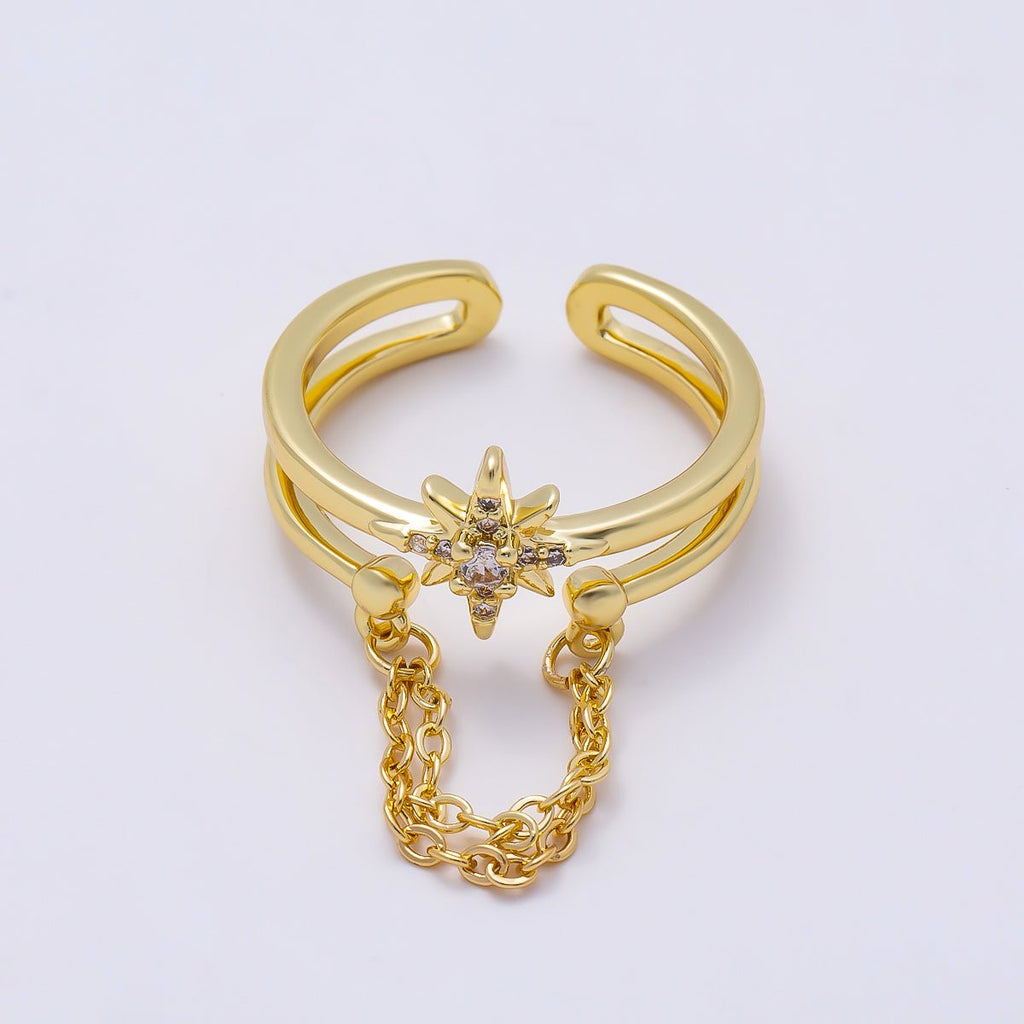 16K Gold Filled CZ Celestial North Star Cable Chain Drop Double Band Ring in Gold & Silver | Rings-00304 Rings-00305