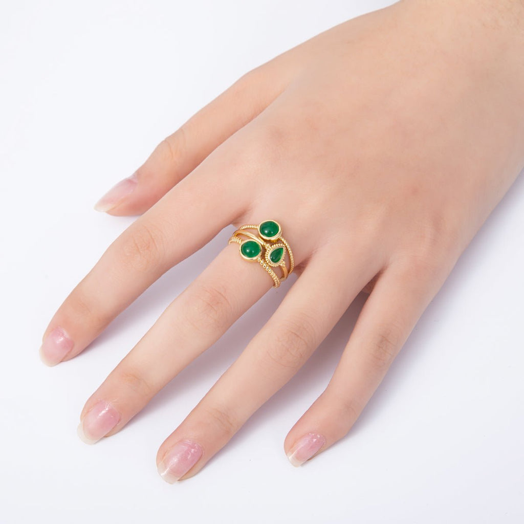 16K Gold Filled Green Gemstone Geometric Croissant Twist Triple Band Ring | Rings-00031