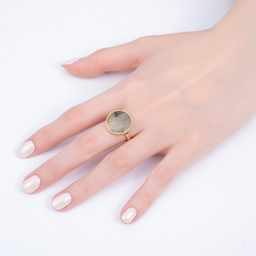 16K Gold Filled Labradorite Natural Gemstone Oval Bezel Statement Ring | Rings-00057