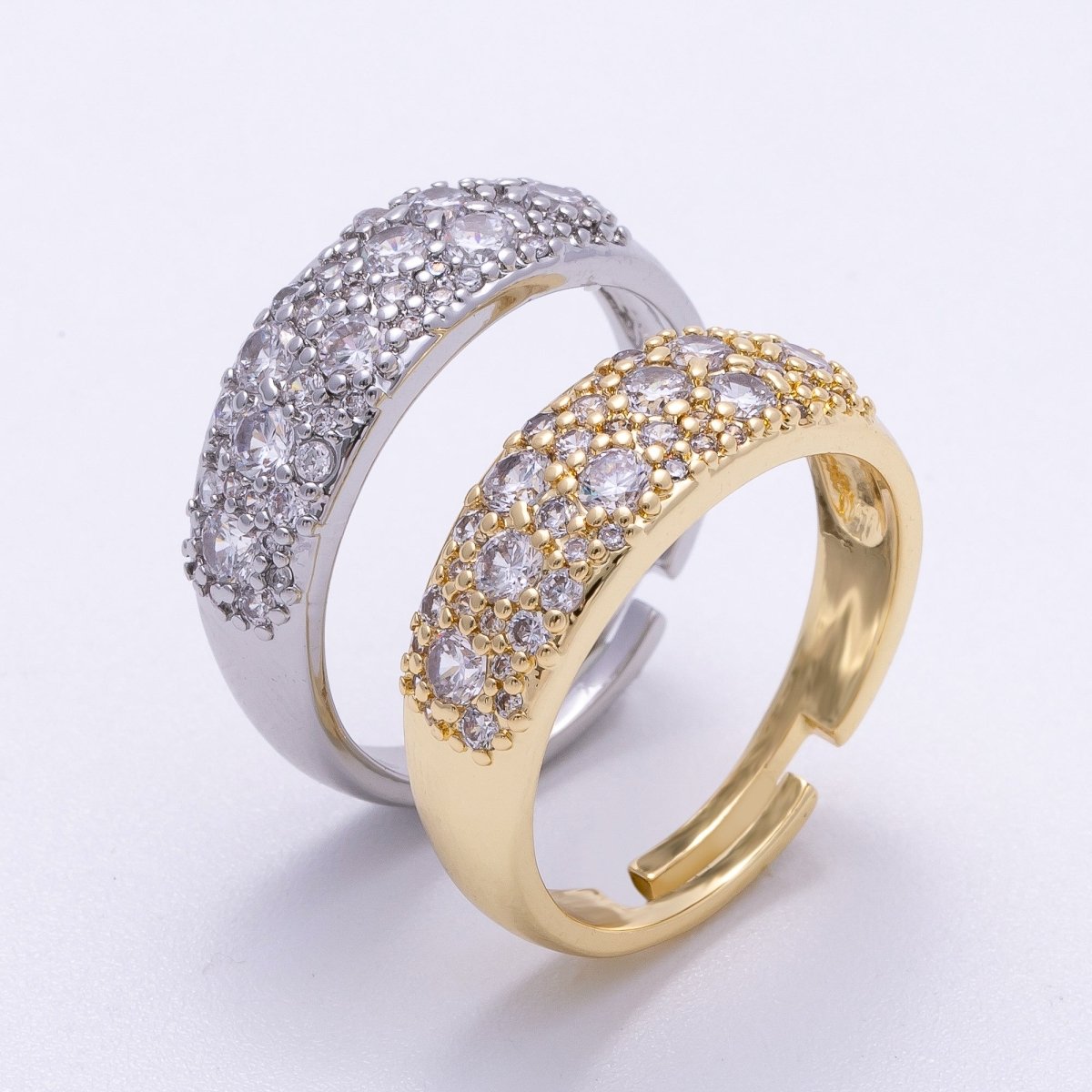16K Gold Filled Micro Paved CZ Cluster Wide Dome Adjustable Ring in Gold & Silver | Rings-00078 Rings-00079