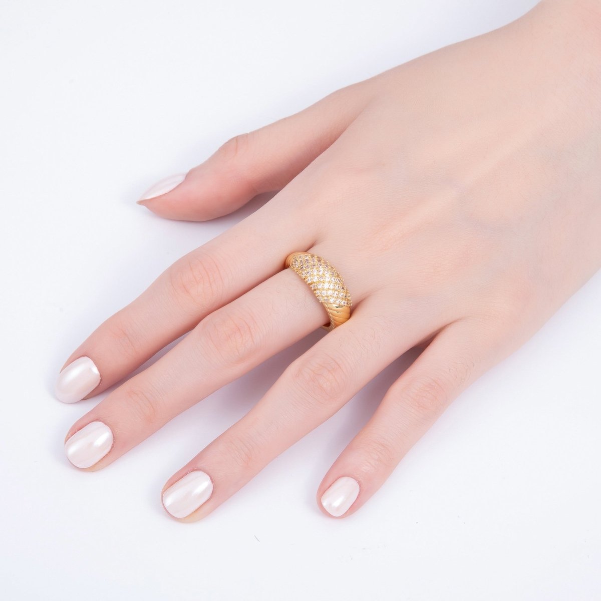 16K Gold Filled Micro Paved CZ Croissant Ribbed Ring | RINGS-00068